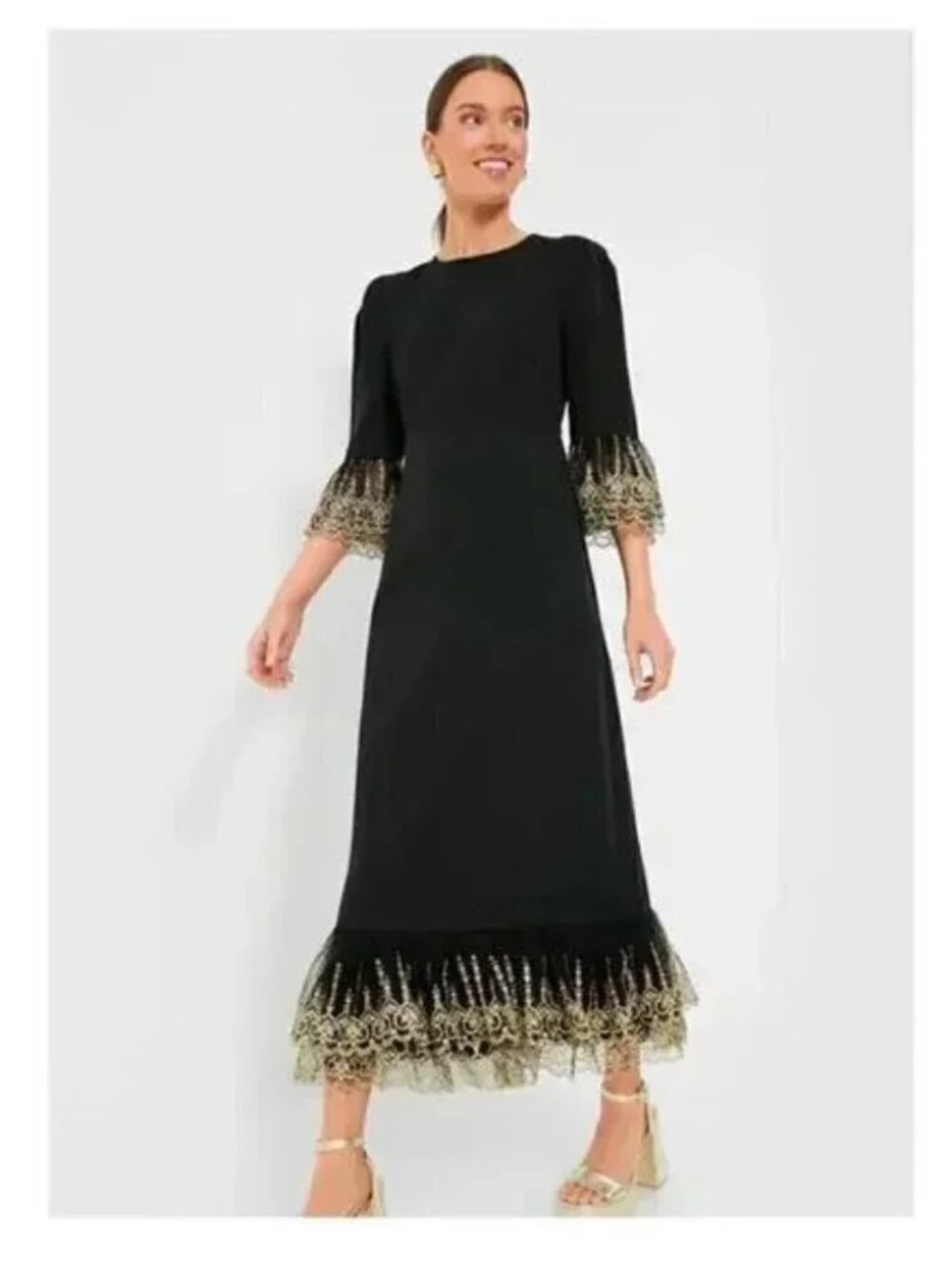 NWT Black Lillith Maxi Dress – Black & Gold Embroidered Lace | XL